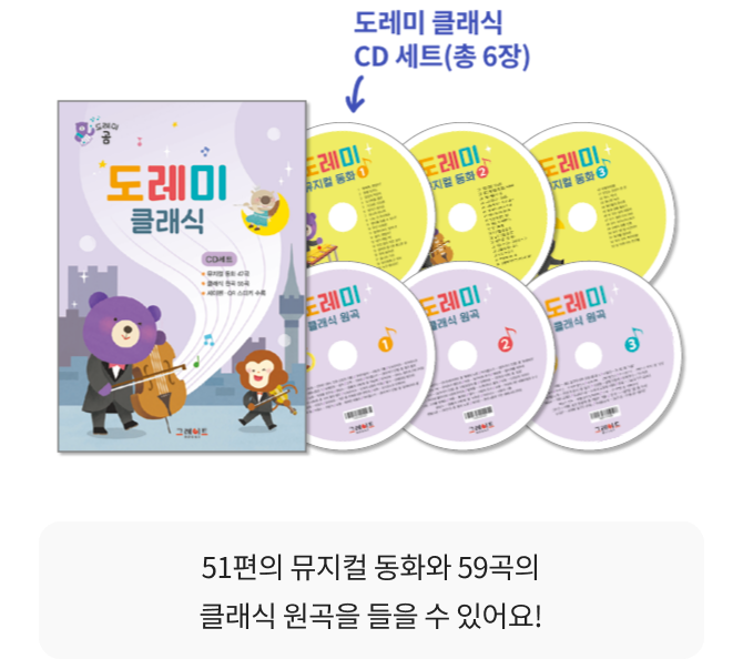 음원책 <도레미북>, 세이펜 스티커 3장 (구연동화 52편 + 뮤지컬 동화 51편), 뮤지컬 동화 QR 스티커 1장, 도레미곰 CD 세트 (뮤지컬 동화 CD 3장 + 클래식 원곡 CD 3장),  독서기록 세트(독서 기록판 + 스티커 1장), 책등 부착용 스티커 1장