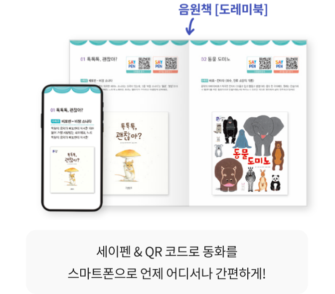 음원책 <도레미북>, 세이펜 스티커 3장 (구연동화 52편 + 뮤지컬 동화 51편), 뮤지컬 동화 QR 스티커 1장, 도레미곰 CD 세트 (뮤지컬 동화 CD 3장 + 클래식 원곡 CD 3장),  독서기록 세트(독서 기록판 + 스티커 1장), 책등 부착용 스티커 1장